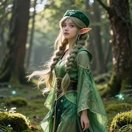 Digital fantasy artwork of a fair-skinned, elf-like girl with long blonde braids, green dress, and hat, standing in a sunlit forest