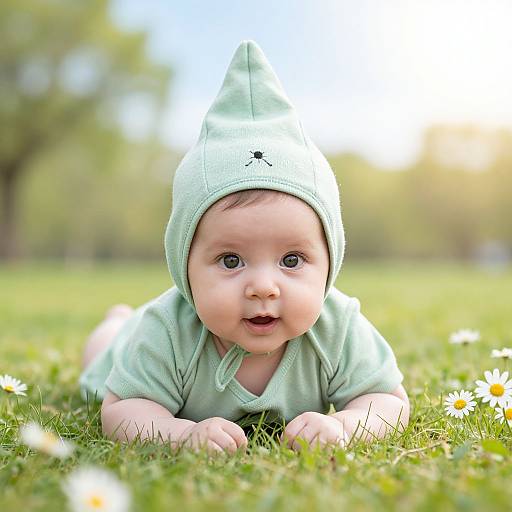 Photograph of a chubby-cheeked baby with fair skin, wearing a light green pointed hat and shirt, lying on grass with daisies,
