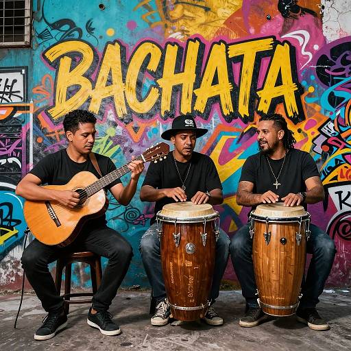 Photograph of three Latino men with beards, wearing black shirts and hats, playing guitar and drums against vibrant graffiti-covered wall with 