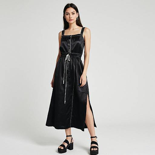 Casual Contemporary Woman in Black Satin Dress