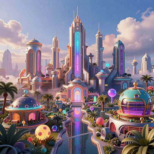 Futuristic Neon Cityscape with Nature