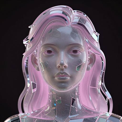 Digital CGI portrait of a woman with translucent pink hair, fragmented glass-like texture, glowing pink highlights, and a calm expression, set against a black background