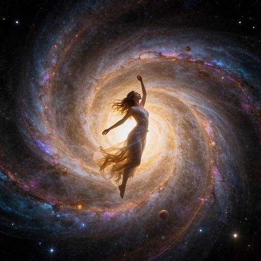 Silhouetted woman with flowing hair and dress, arms raised, floating through radiant, swirling galaxy with vibrant colors and stars. Digital art.