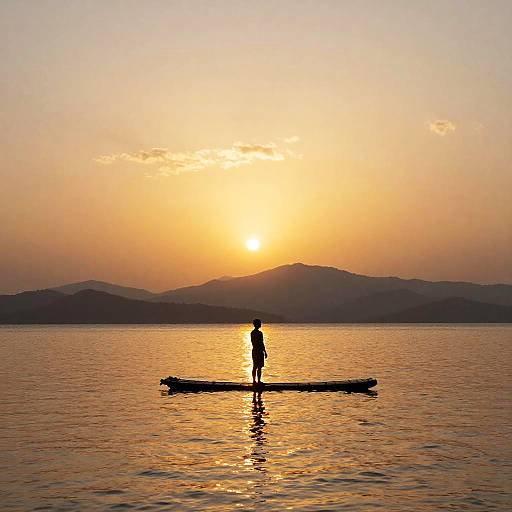 Silhouetted person standing on paddleboard at sunset, reflecting in calm water, with mountains and orange sky in the background.