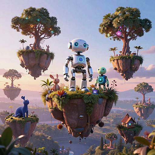 Digital art of a white robot with blue eyes standing on a floating island with rabbits, trees, and glowing plants, set in a whimsical, sunset