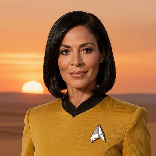 Photograph of a smiling woman with black bob haircut, wearing a yellow Starfleet uniform with black collar and triangular badge, against a sunset desert backdrop.