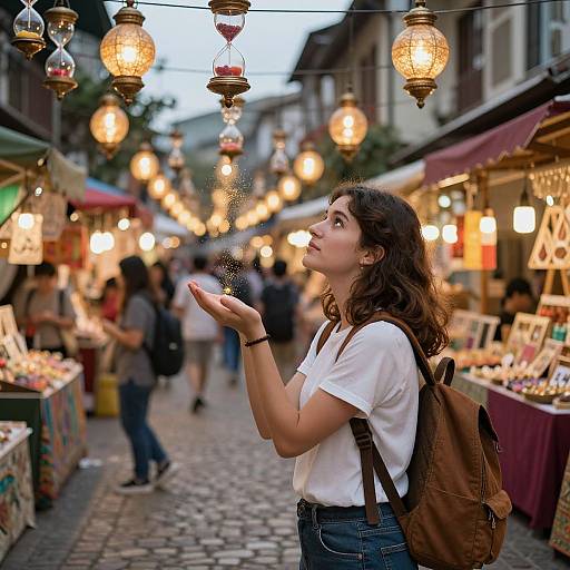 Photograph of a young woman with wavy brown hair, white t-shirt, and brown backpack, gazing upward at hanging lanterns, sprinkling
