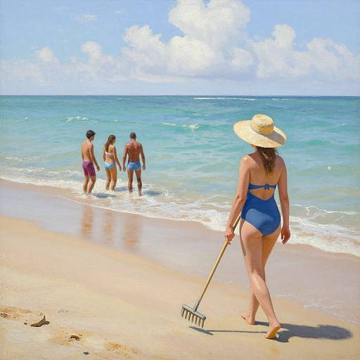 Photograph of a sunny beach with four people in swimsuits; a woman in a blue one-piece and straw hat walks with a rake, while three