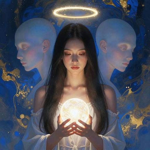 Digital artwork of an ethereal woman with long black hair, holding a glowing orb, halo above head, flanked by two shadowy, bald,