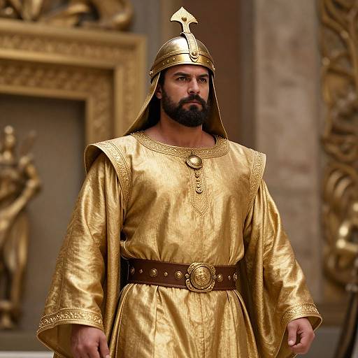 Photograph of a bearded man with a golden helmet and armor, wearing a shiny gold tunic with a brown belt, standing in a grand,