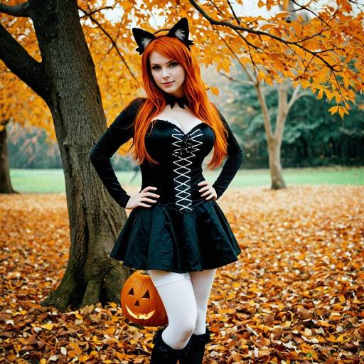 Woman in Halloween Cat Costume with Jack-o'-Lantern