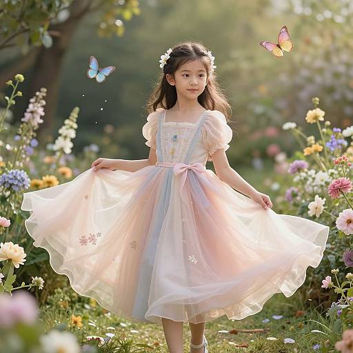 Photograph of a young Asian girl with long brown hair, wearing a pastel pink, floral-embellished, puffed-sleeve dress