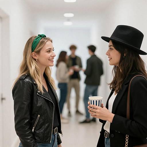 Two Women Chatting in Modern Hallway