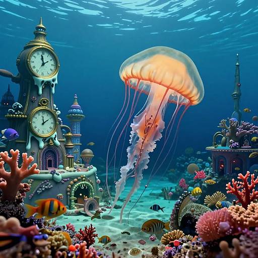 Vibrant underwater scene: clock tower, jellyfish, colorful coral, fish, and sea anemones illuminated by blue ocean light. Whims