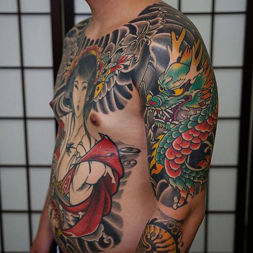 Tattooed man's upper body, traditional Japanese-style, featuring Geisha and colorful dragon on left arm, red kimono, black background folding