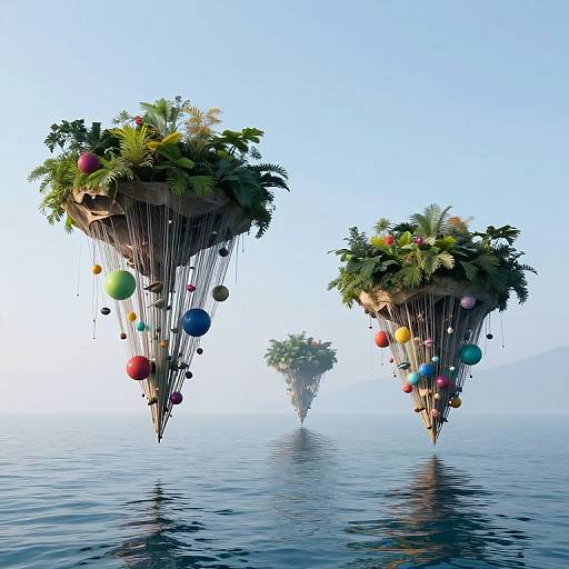 Digital art: Three floating, plant-filled islands with colorful spherical ornaments, suspended by thin vines over calm, reflective blue water under a clear sky.