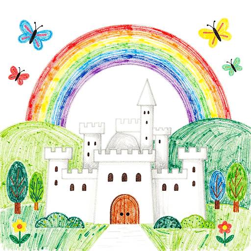 Colorful drawing of a white castle with a large arched door, surrounded by green hills, trees, and vibrant rainbow arching overhead, with colorful