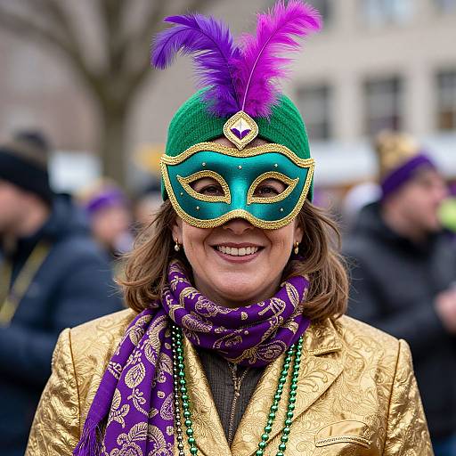 Photograph of a smiling woman in a green fez with purple feather, blue and gold masquerade mask, gold jacket, purple scarf, and