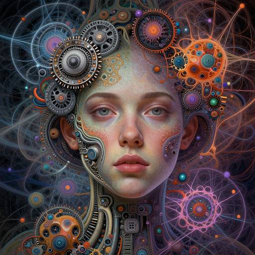 Digital artwork of a pale-skinned woman's face surrounded by colorful, intricate gears and glowing, futuristic patterns, blending cybernetic and cosmic elements.