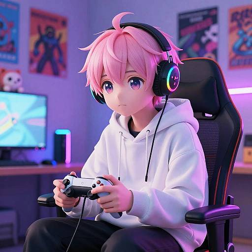 Digital anime-style drawing: Pink-haired boy with purple eyes, wearing white hoodie and headphones, sits in gaming chair, holding controller, in neon-lit