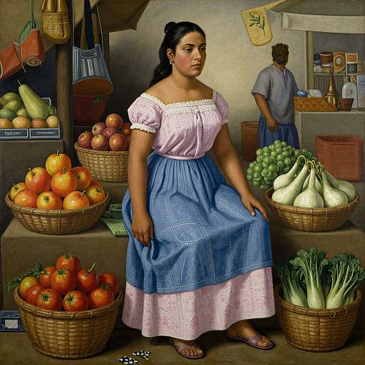 Photorealistic painting of a Latina woman in a blue and pink dress, sitting among baskets of fruits and vegetables in a market, with a man in