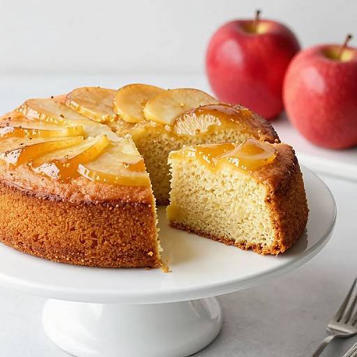 Photograph of a golden-brown, apple-topped cake with a slice missing, on a white cake stand, surrounded by two red apples.