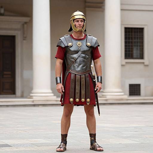 Photograph of a muscular man in ancient Greek warrior armor, including helmet, leather chestplate, red tunic, and sandals, standing in front of