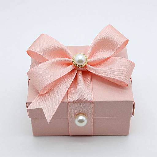 Photograph of a pastel pink gift box with a large, textured satin bow and two pearl accents, set against a white background.