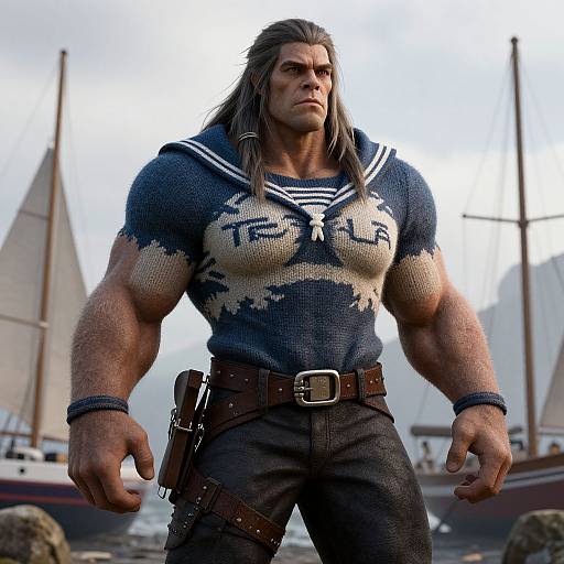 Muscular man with long gray hair, wearing torn navy shirt with 