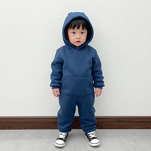 Photograph of a young Asian boy in a navy blue hooded onesie and black-and-white sneakers, standing against a white wall with brown baseboard