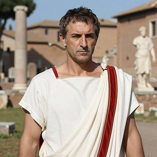 Photograph of a middle-aged man with short, dark hair, wearing a white toga with a red stripe, standing in front of ancient Roman ruins