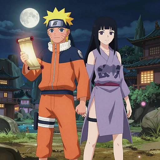 Anime-style digital drawing of Naruto and Sakura holding hands under a full moon, Naruto with scroll, Sakura in revealing kimono, village background.