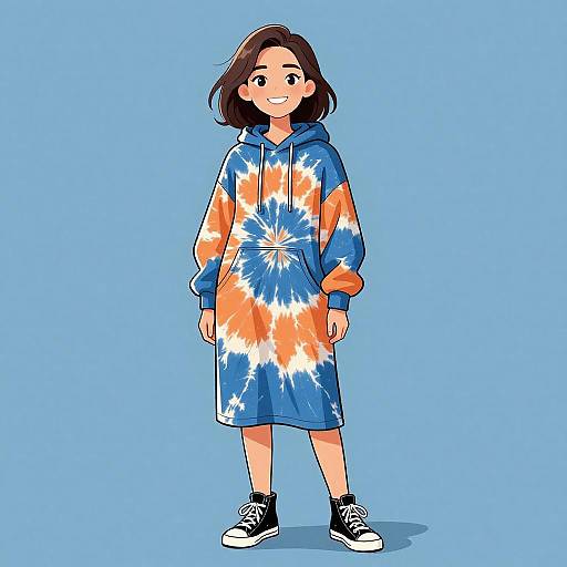 Smiling Woman in Tie-Dye Hoodie Dress