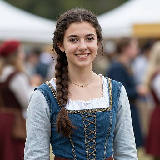 Photograph of a smiling young woman with dark brown hair in a braid, wearing a blue denim dirndl with white lace and gray sleeves, standing