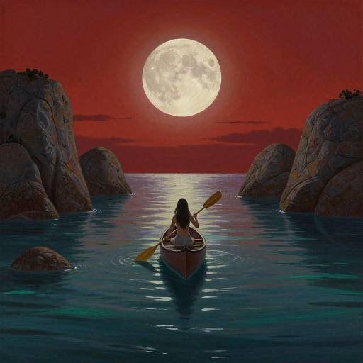 Silhouetted woman in canoe paddles through dark, calm water, surrounded by rocky cliffs, under a large, glowing full moon in a vivid
