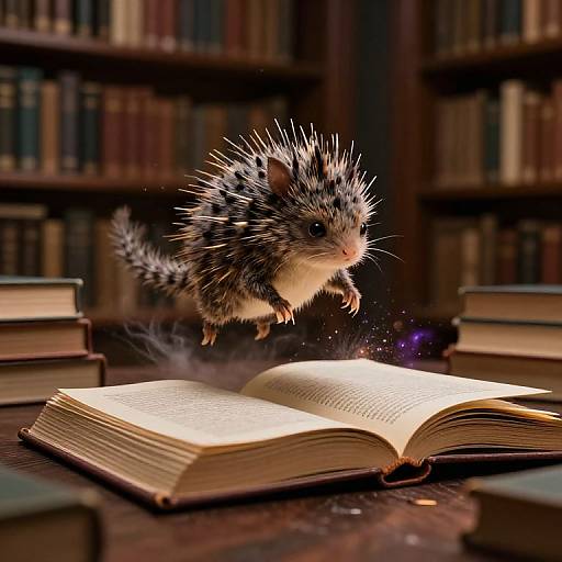 Photograph of a porcupine mid-leap above an open book on a wooden table, surrounded by stacked books in a dimly lit library.