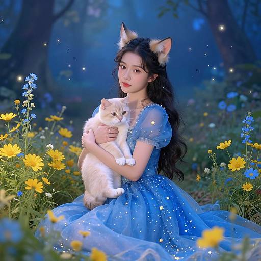 Photograph-style digital art of an Asian woman with cat ears, long black hair, wearing a sparkly blue dress, holding a white cat in a