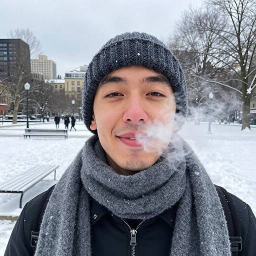 Photograph of a smiling Asian man with fair skin, wearing a black beanie and gray scarf, exhaling breath in snowy park.