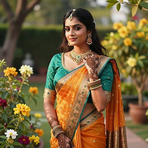 Photograph of a beautiful Indian woman in an orange-green saree with gold embroidery, adorned with jewelry, standing in a blooming garden.