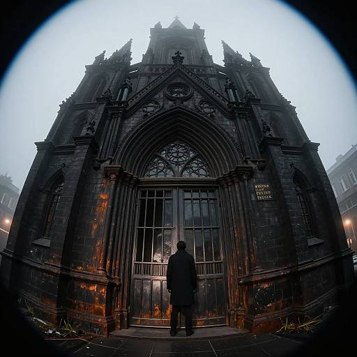 Photograph: Dark, gothic cathedral with intricate architecture, misty background, and lone figure in black coat standing at ornate, reflective door.