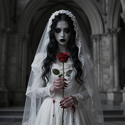 Gothic Bride with Red Rose and Blood Tears