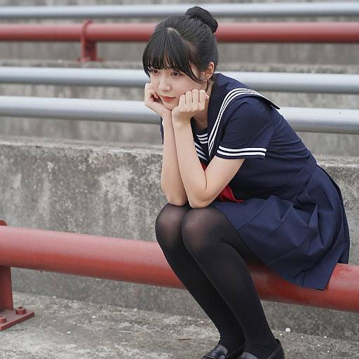 Asian Woman in Navy Blue Sailor Dress Sitting on Red Pipe