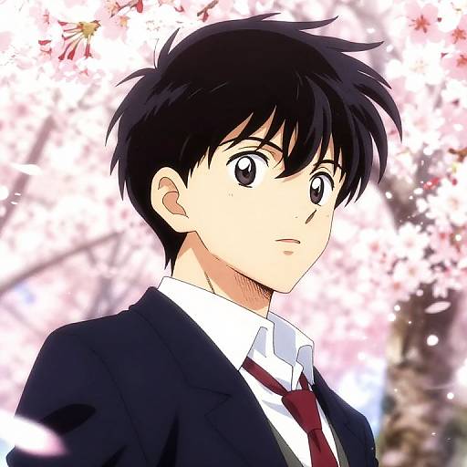 Anime-style digital drawing of a young man with black hair, large eyes, wearing a black suit and red tie, looking serious against a blurred cherry blossom