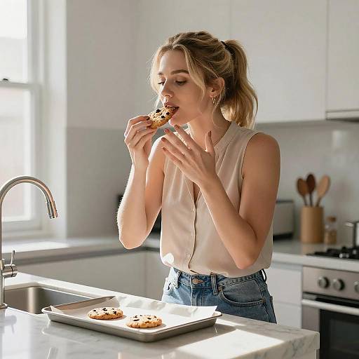 Blonde Woman Enjoying Cookies in Kitchen