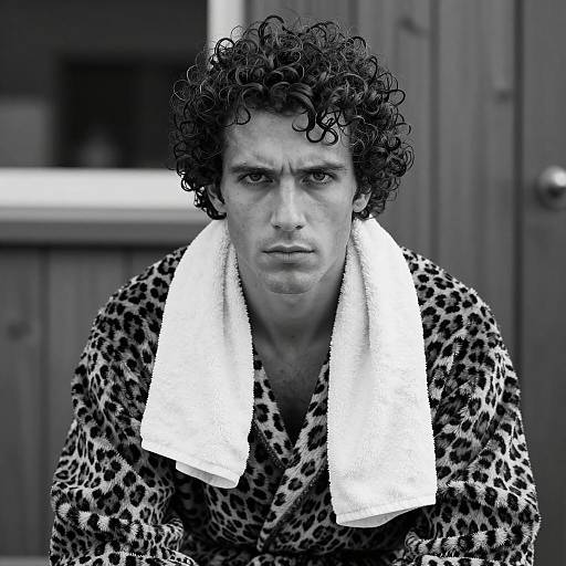 Curly-Haired Man in Leopard-Print Robe with Towel
