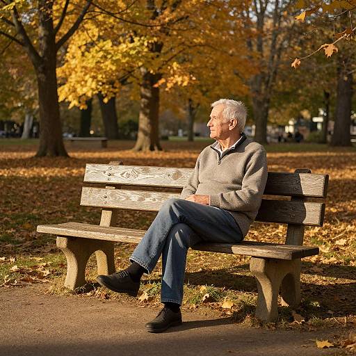 Photograph of an elderly man with gray hair, wearing a gray sweater and blue jeans, sitting on a wooden bench in a park during autumn, surrounded