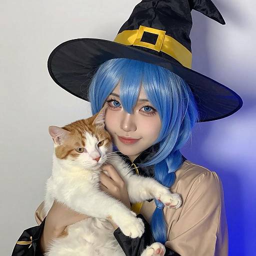 Blue-Haired Witch with Cat