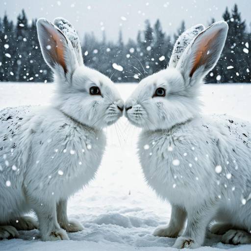 Two White Snow Rabbits Facing Each Other in Snowstorm