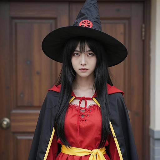 Asian Woman in Red Black Wizard Costume