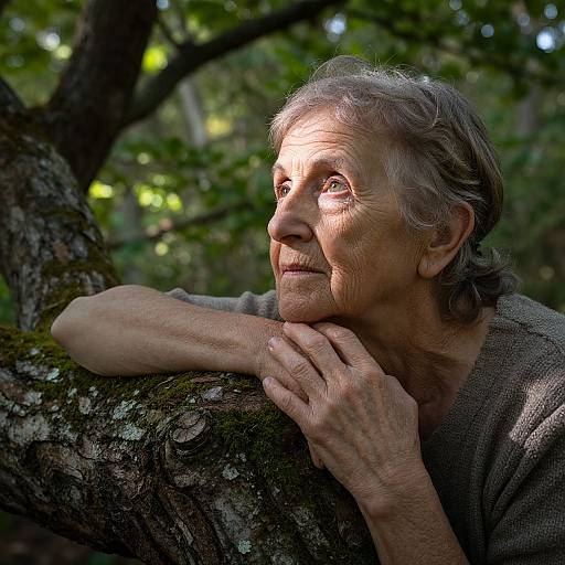 Photograph of an elderly woman with gray hair, resting her head on a moss-covered tree branch in a sunlit forest.